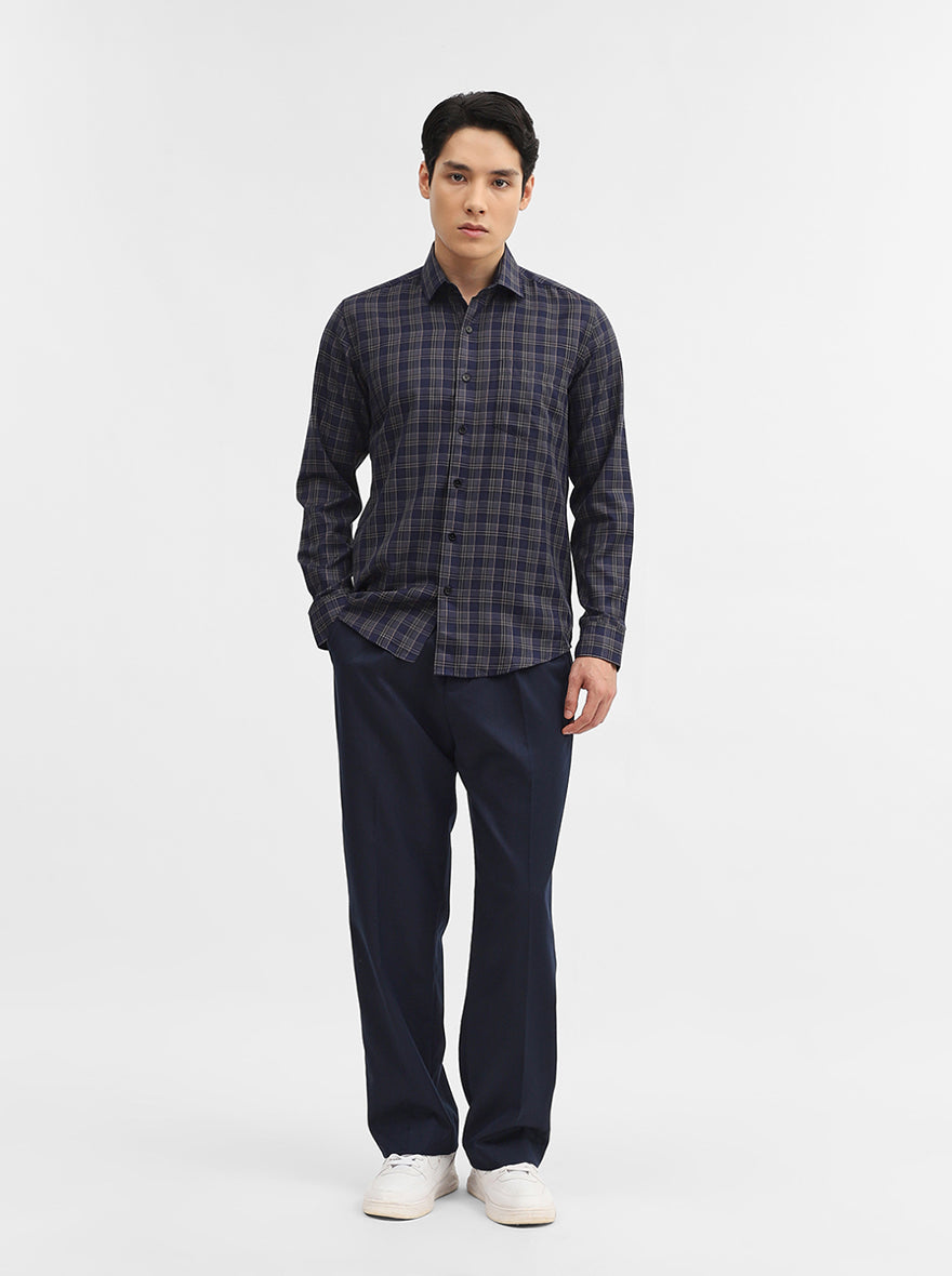 Navy Blue Checked Tailored Fit Semi Casual Shirt | Greenfibre