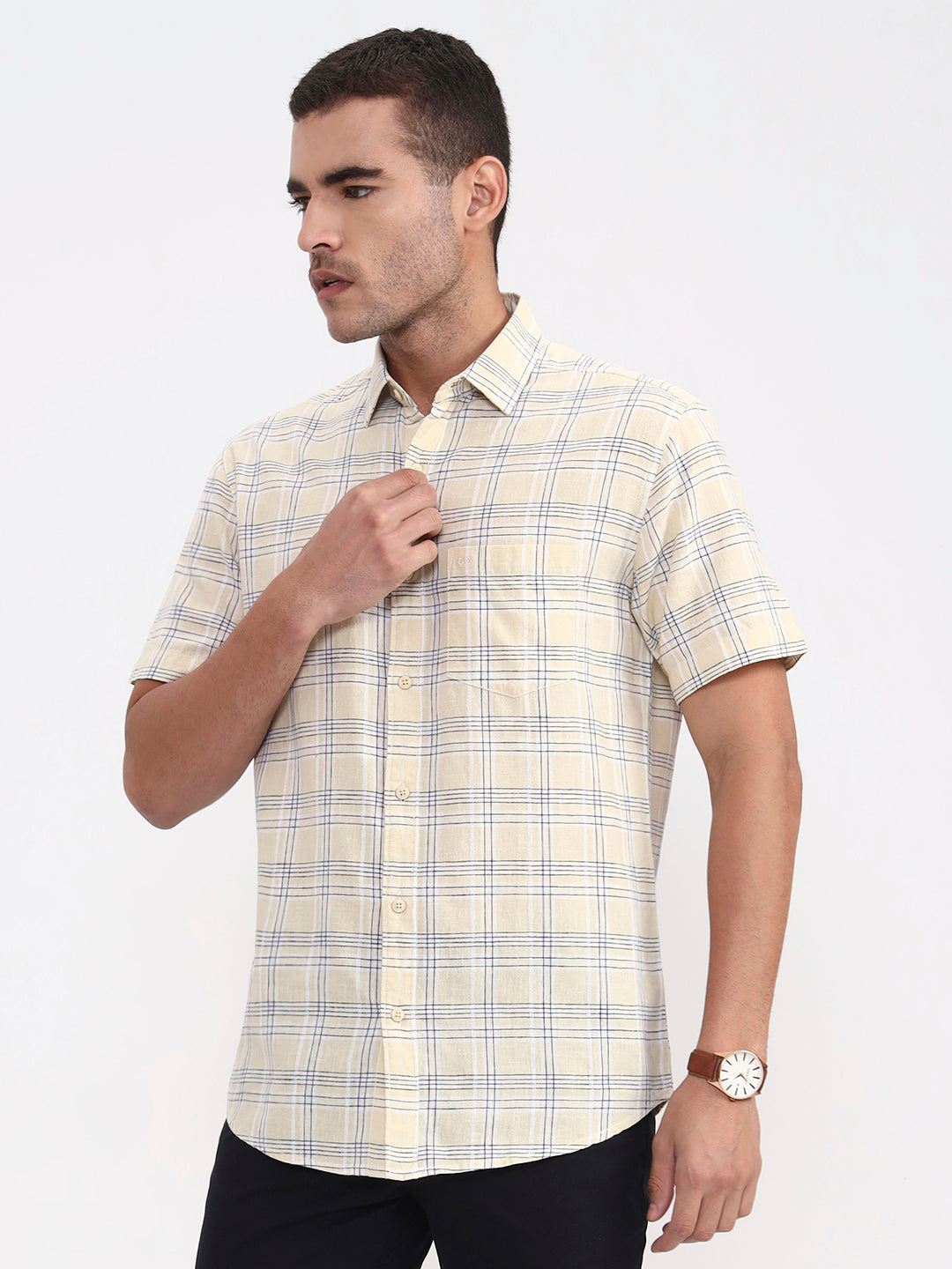 Yellow Checked Slim Fit Casual Shirt | JadeBlue