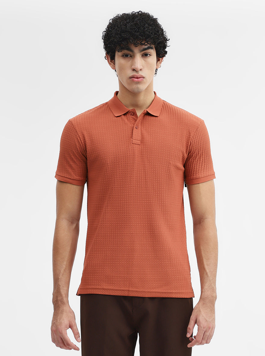 Rust Jacquard Slim Fit Polo T-Shirt | Greenfibre