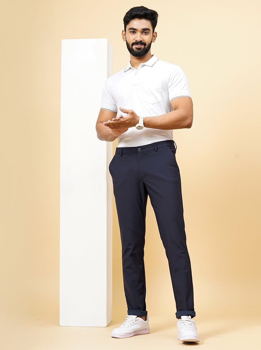 Navy Blue Solid Slim Fit Club Wear Trouser | JB Studio