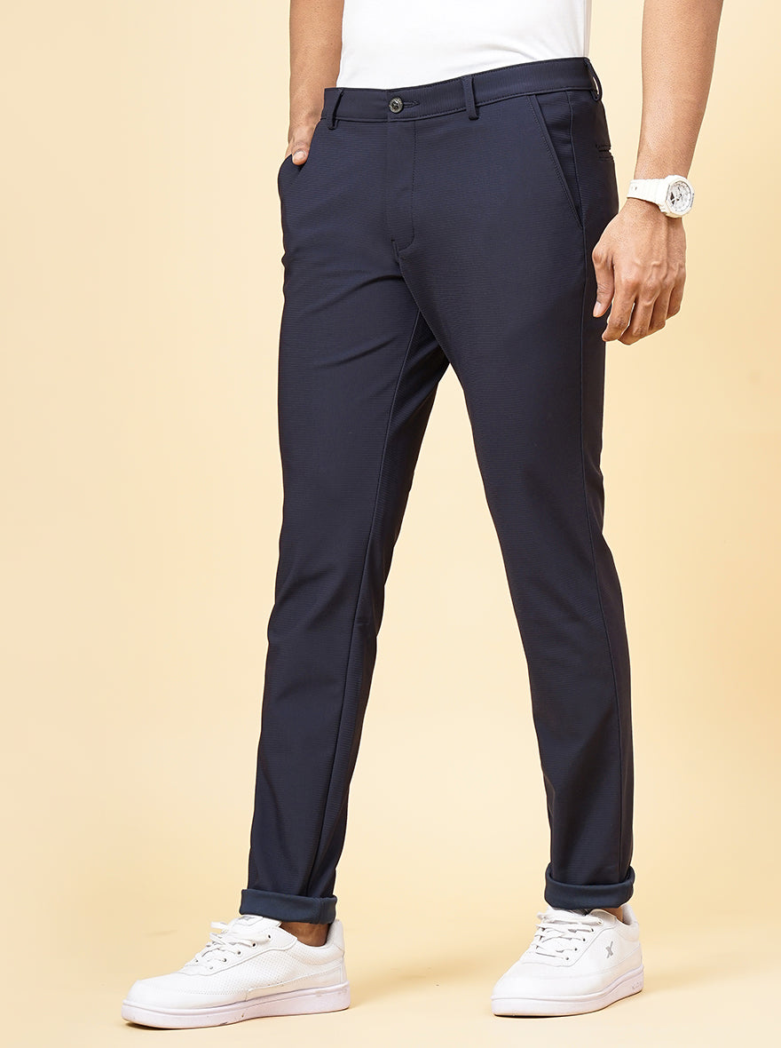 Navy Blue Solid Slim Fit Club Wear Trouser | JB Studio