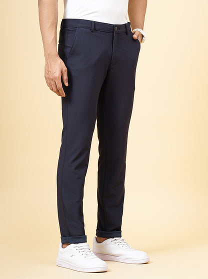 Navy Blue Solid Slim Fit Club Wear Trouser | JB Studio
