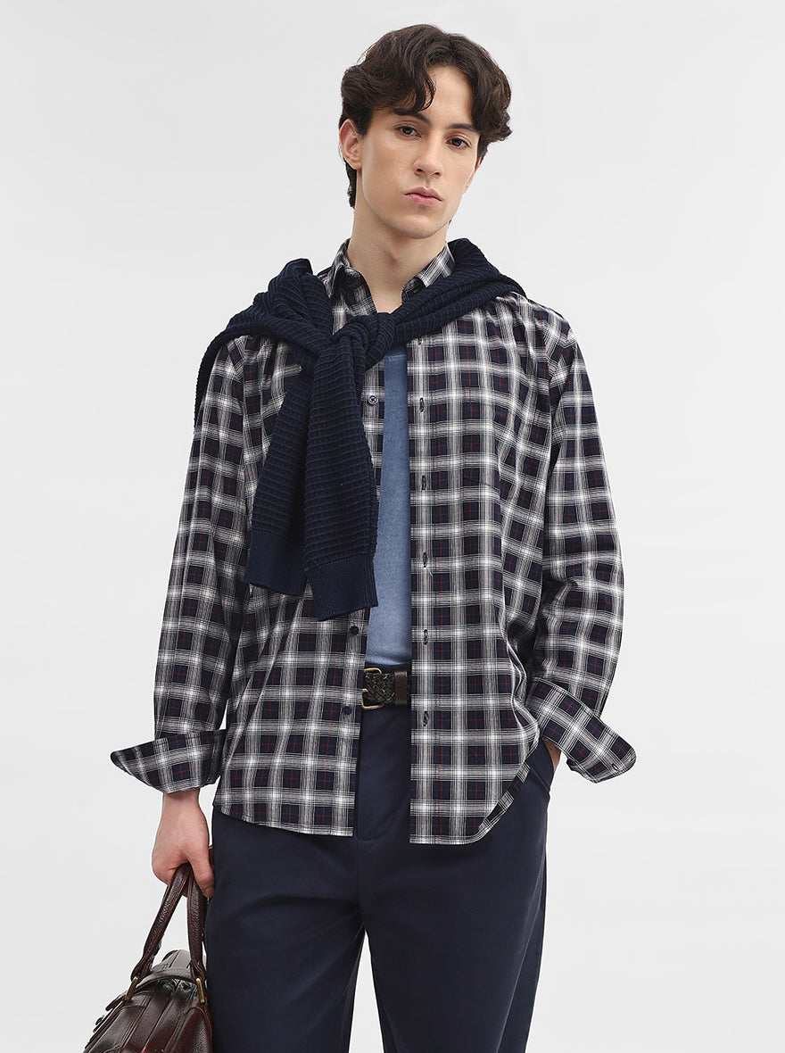 Navy Blue Checked Tailored Fit Semi Casual Shirt | JadeBlue