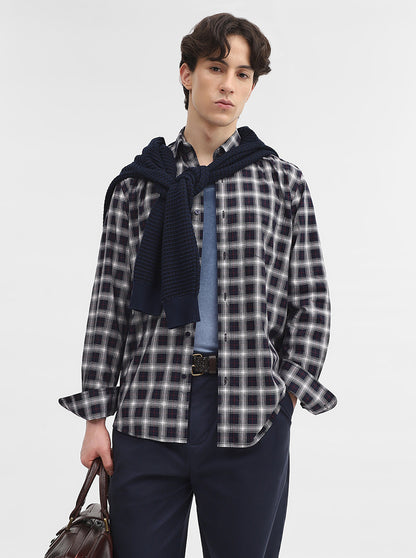 Navy Blue Checked Tailored Fit Semi Casual Shirt | JadeBlue
