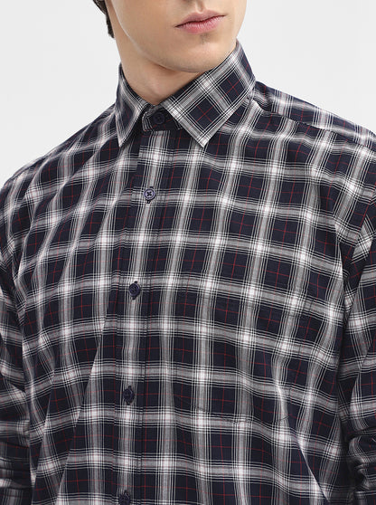 Navy Blue Checked Tailored Fit Semi Casual Shirt | JadeBlue
