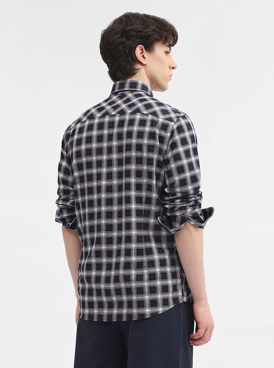 Navy Blue Checked Tailored Fit Semi Casual Shirt | JadeBlue