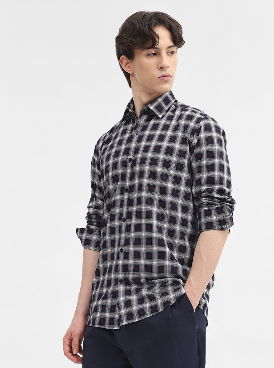 Navy Blue Checked Tailored Fit Semi Casual Shirt | JadeBlue