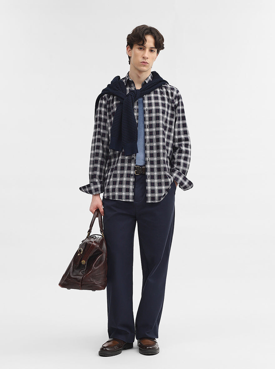 Navy Blue Checked Tailored Fit Semi Casual Shirt | JadeBlue