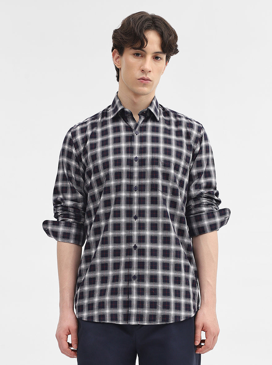 Navy Blue Checked Tailored Fit Semi Casual Shirt | JadeBlue