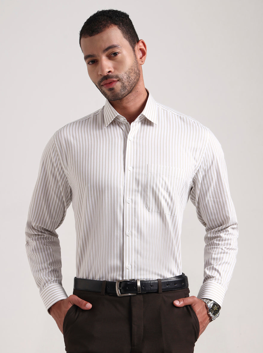 White & Cream Striped Regular Fit Formal Shirt | JadeBlue
