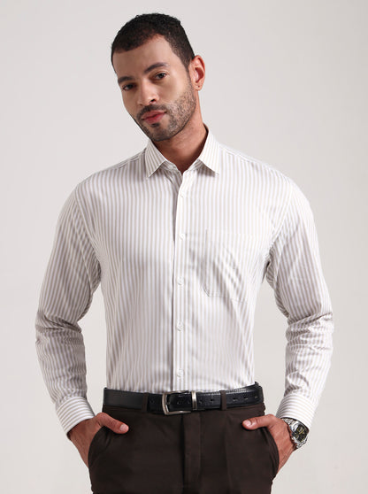 White & Cream Striped Regular Fit Formal Shirt | JadeBlue