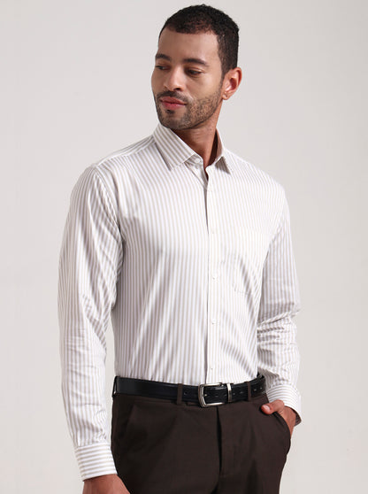 White & Cream Striped Regular Fit Formal Shirt | JadeBlue