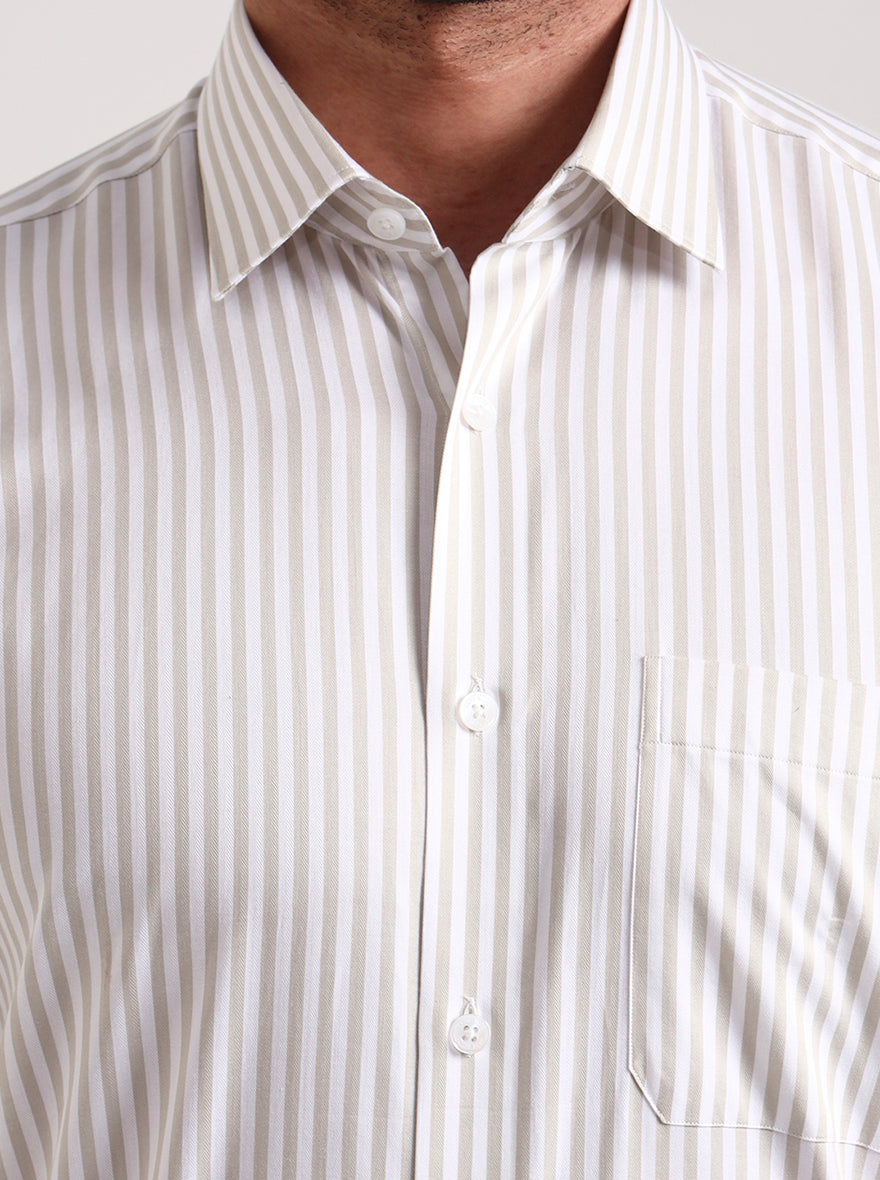 White & Cream Striped Regular Fit Formal Shirt | JadeBlue