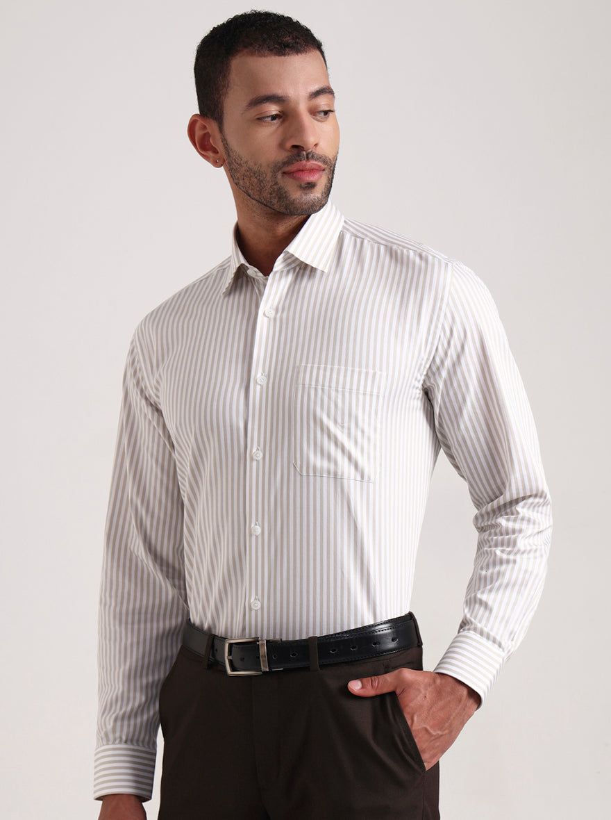 White & Cream Striped Regular Fit Formal Shirt | JadeBlue