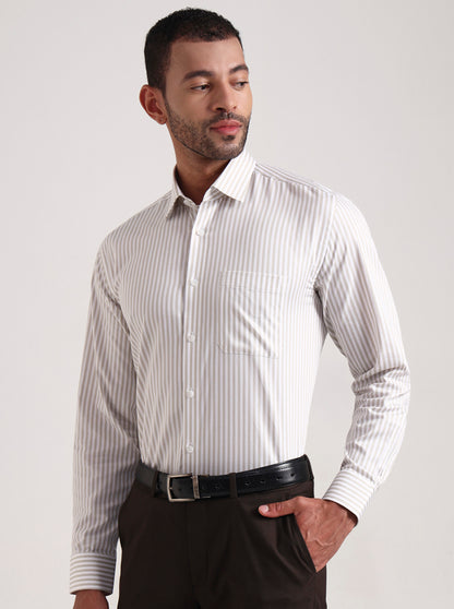 White & Cream Striped Regular Fit Formal Shirt | JadeBlue