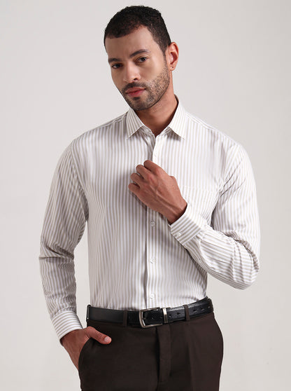 White & Cream Striped Regular Fit Formal Shirt | JadeBlue