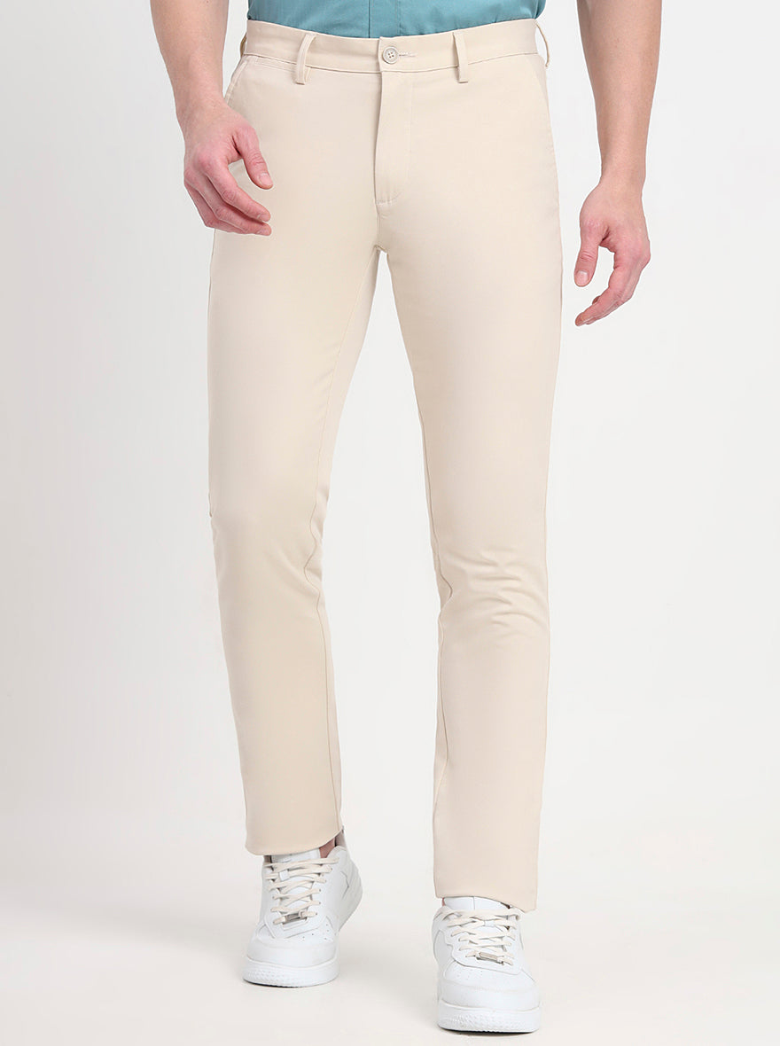 Beige Solid Slim Fit Casual Trouser | JadeBlue