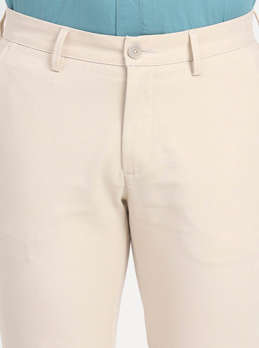 Beige Solid Slim Fit Casual Trouser | JadeBlue