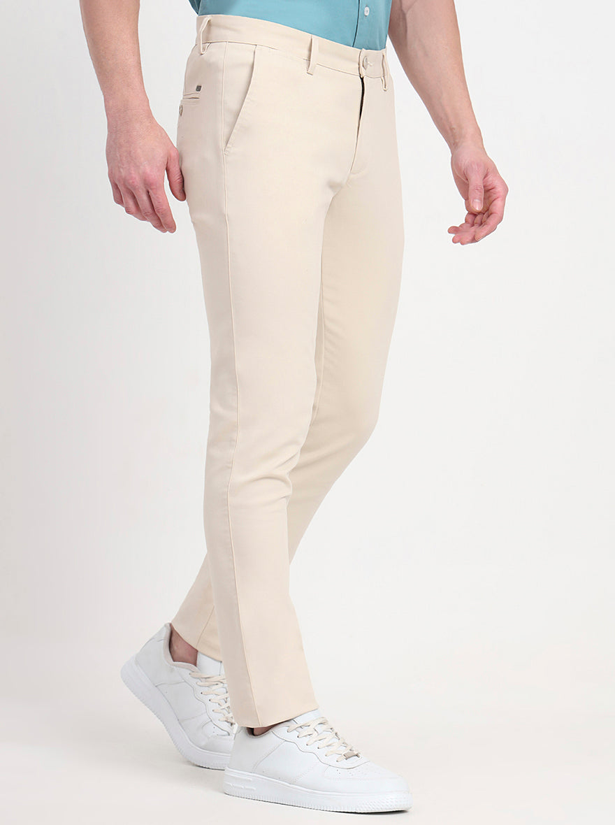 Beige Solid Slim Fit Casual Trouser | JadeBlue