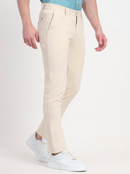 Beige Solid Slim Fit Casual Trouser | JadeBlue