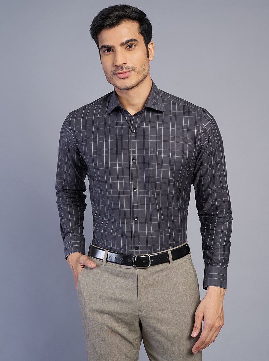 Dark Grey Checked Slim Fit Formal Shirt | Metal