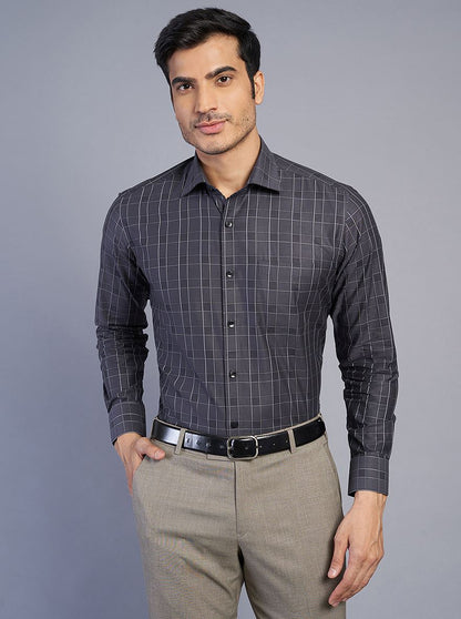 Dark Grey Checked Slim Fit Formal Shirt | Metal