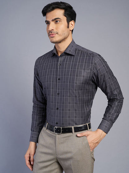 Dark Grey Checked Slim Fit Formal Shirt | Metal