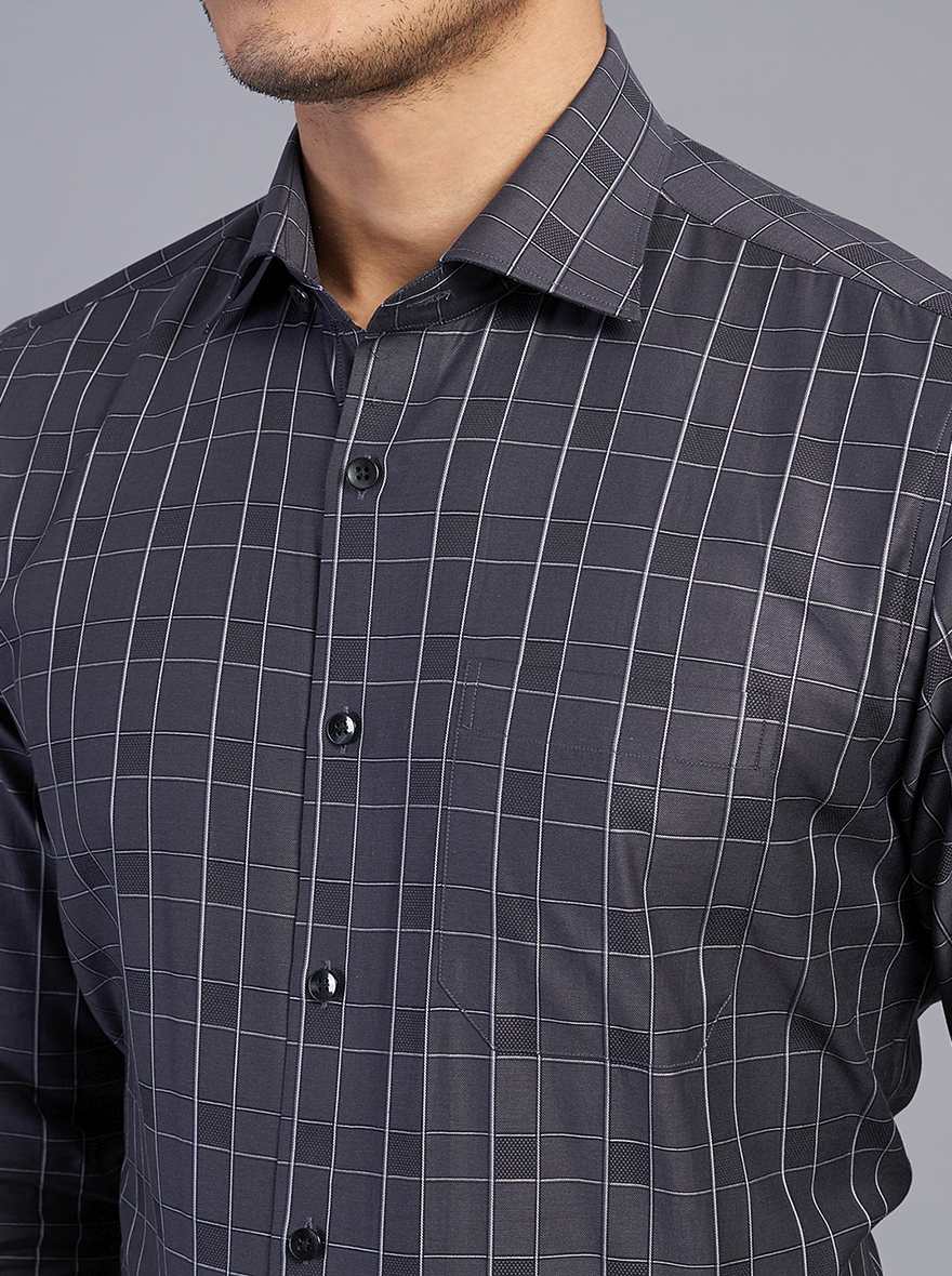 Dark Grey Checked Slim Fit Formal Shirt | Metal