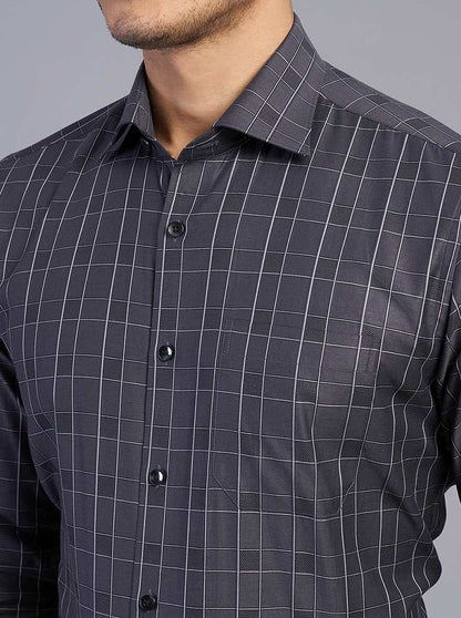 Dark Grey Checked Slim Fit Formal Shirt | Metal