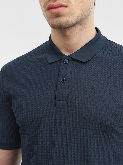 Navy Blue Printed Slim Fit Polo T-Shirt | Greenfibre