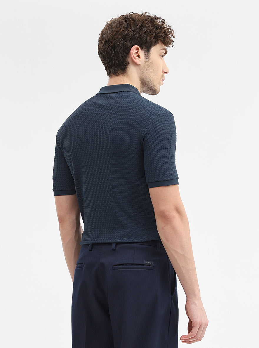Navy Blue Printed Slim Fit Polo T-Shirt | Greenfibre