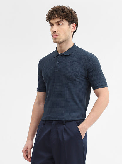 Navy Blue Printed Slim Fit Polo T-Shirt | Greenfibre