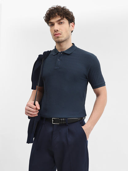 Navy Blue Printed Slim Fit Polo T-Shirt | Greenfibre