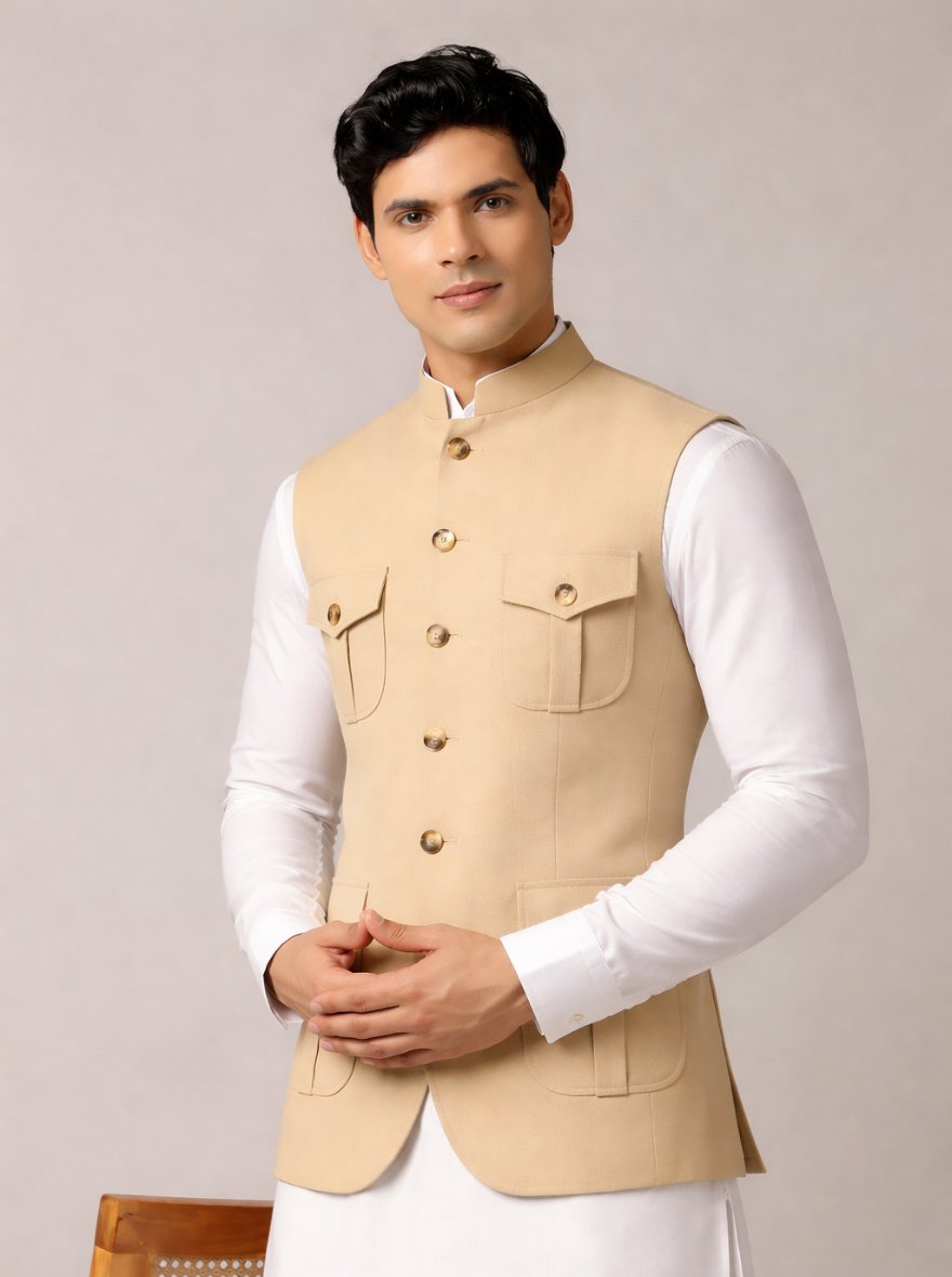 Fawn Solid Regular Fit Modi Jacket | JadeBlue