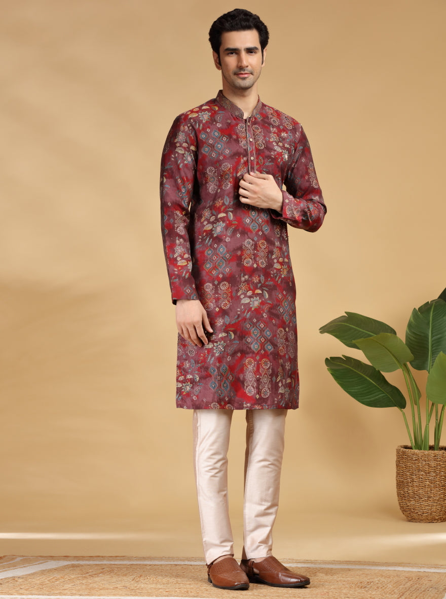 Wine Embroidered Kurta Pajama | TULA