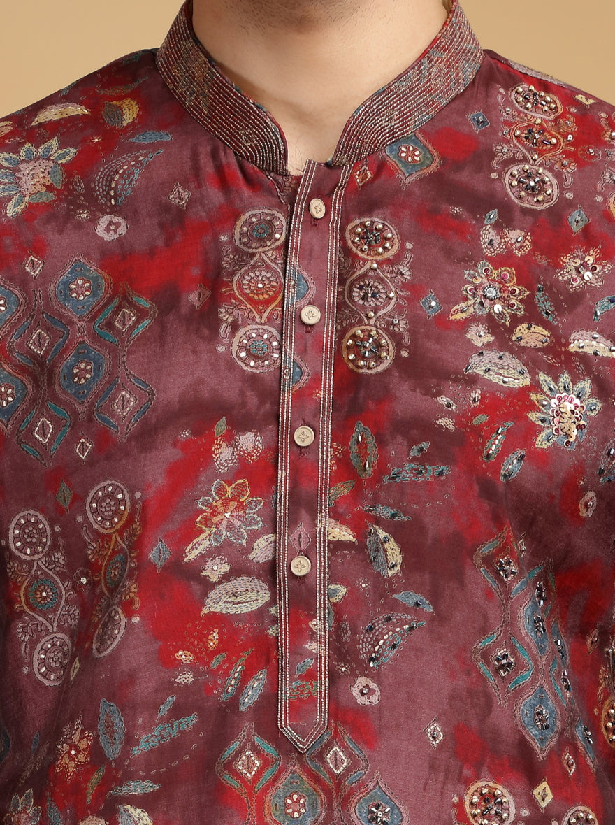 Wine Embroidered Kurta Pajama | TULA