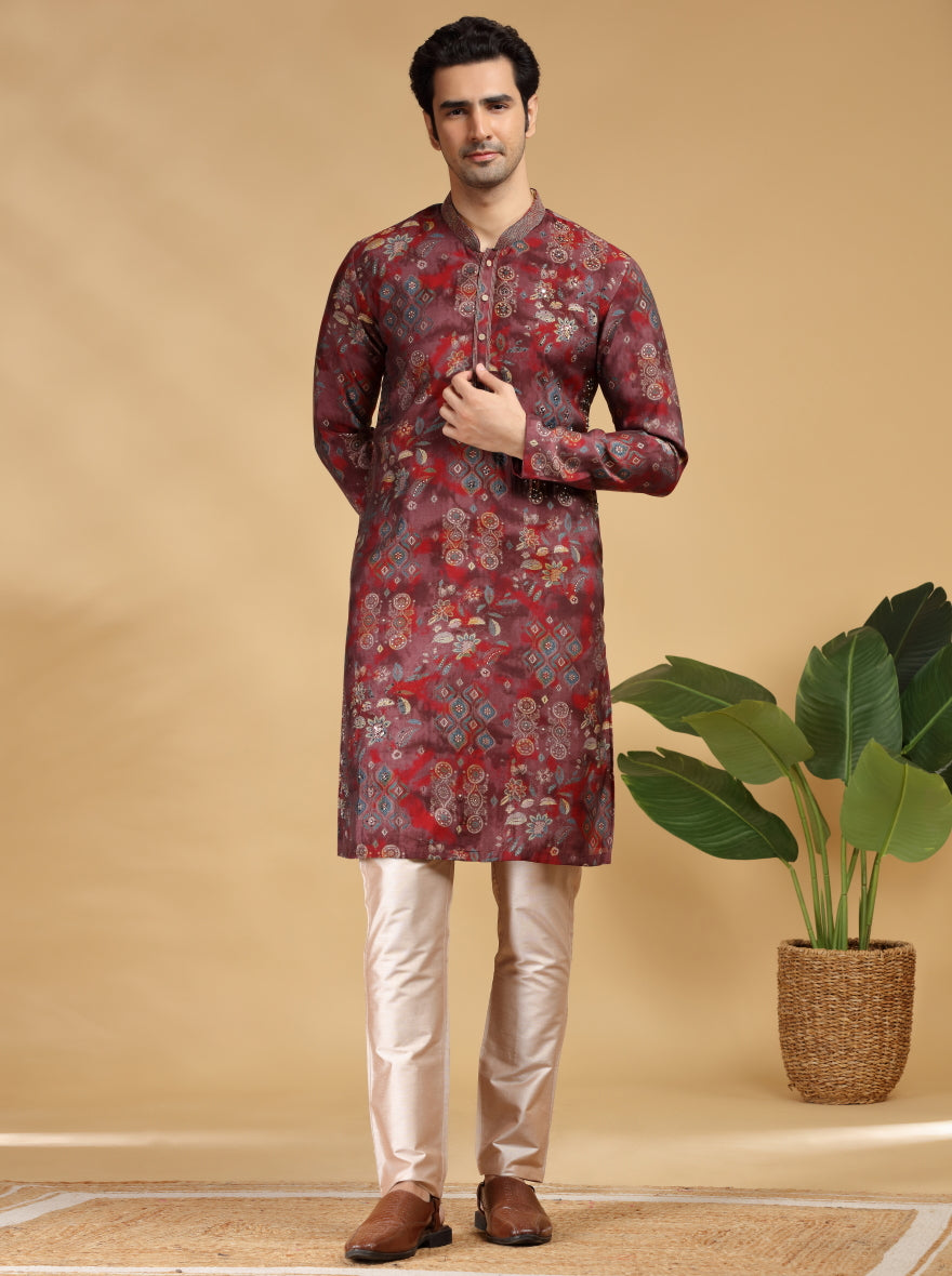 Wine Embroidered Kurta Pajama | TULA