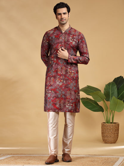 Wine Embroidered Kurta Pajama | TULA