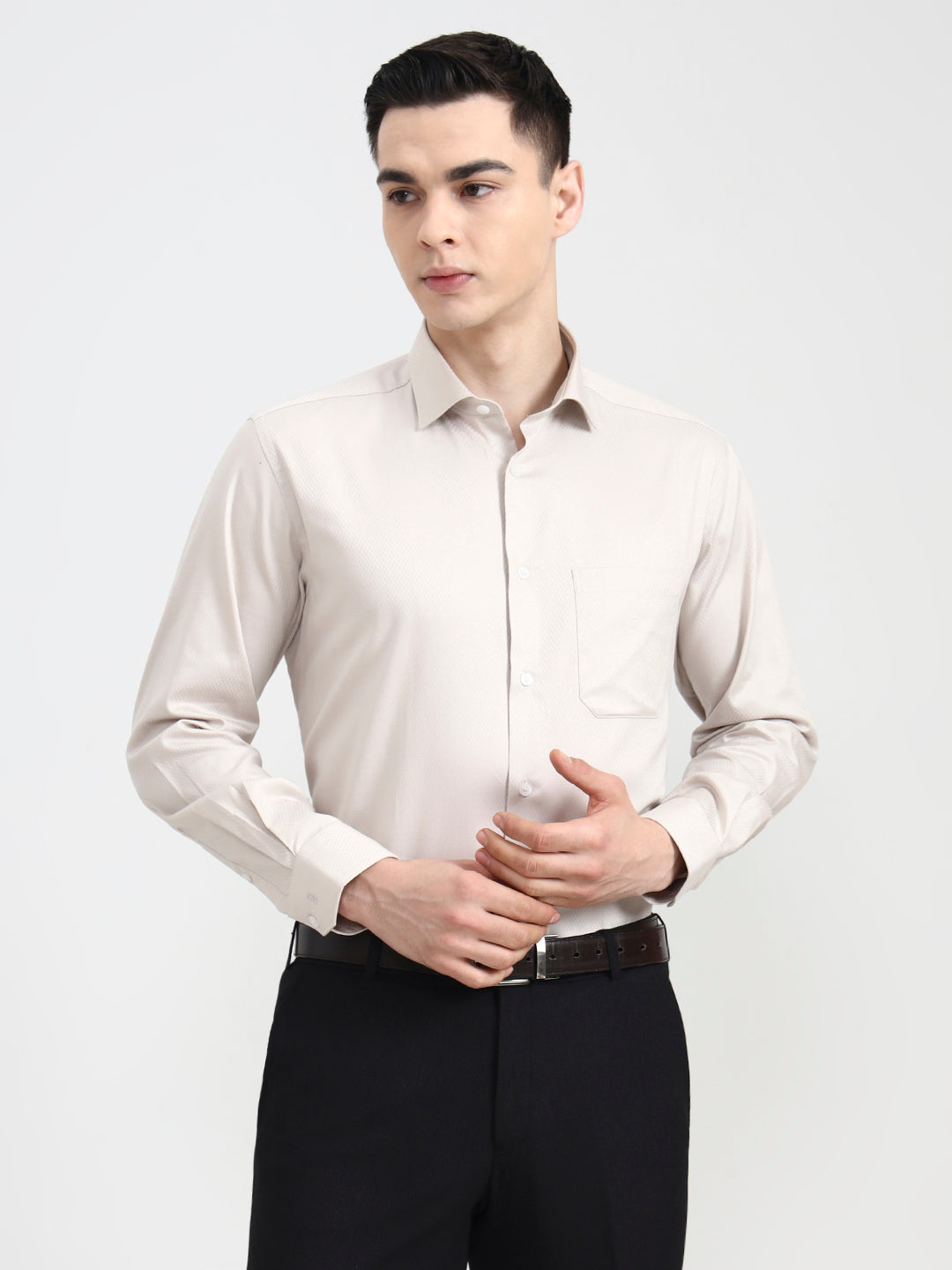 Beige Solid Regular Fit Formal Shirt | JadeBlue