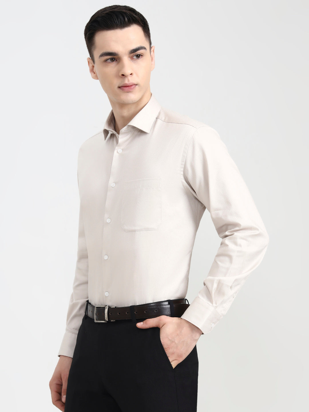 Beige Solid Regular Fit Formal Shirt | JadeBlue