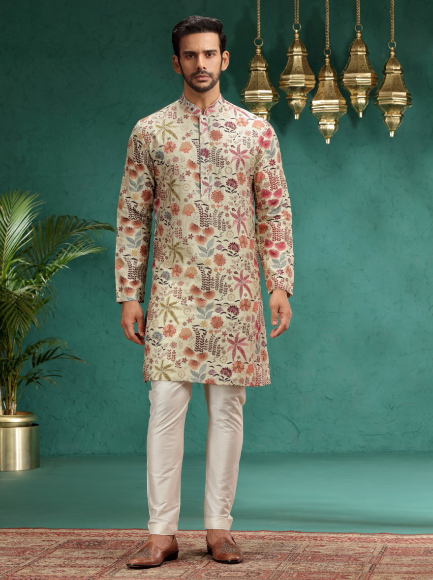 Cream & Brown Printed Kurta Pajama | TULA