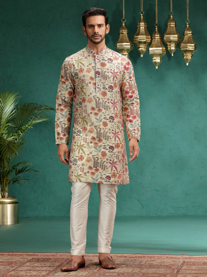 Cream & Brown Printed Kurta Pajama | TULA