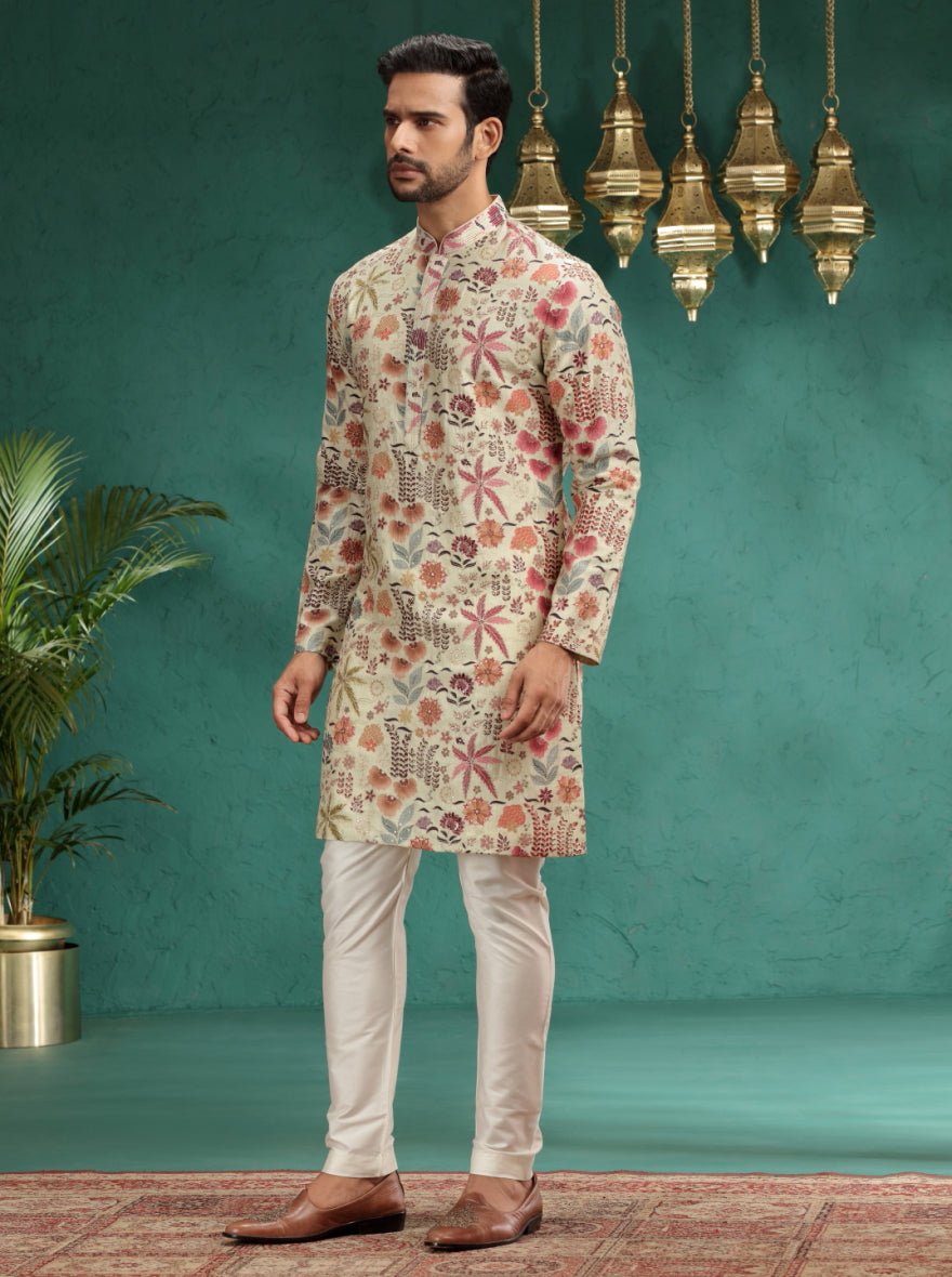 Cream & Brown Printed Kurta Pajama | TULA