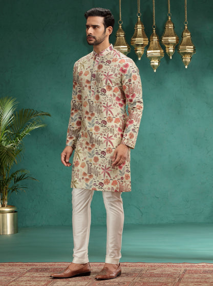 Cream & Brown Printed Kurta Pajama | TULA