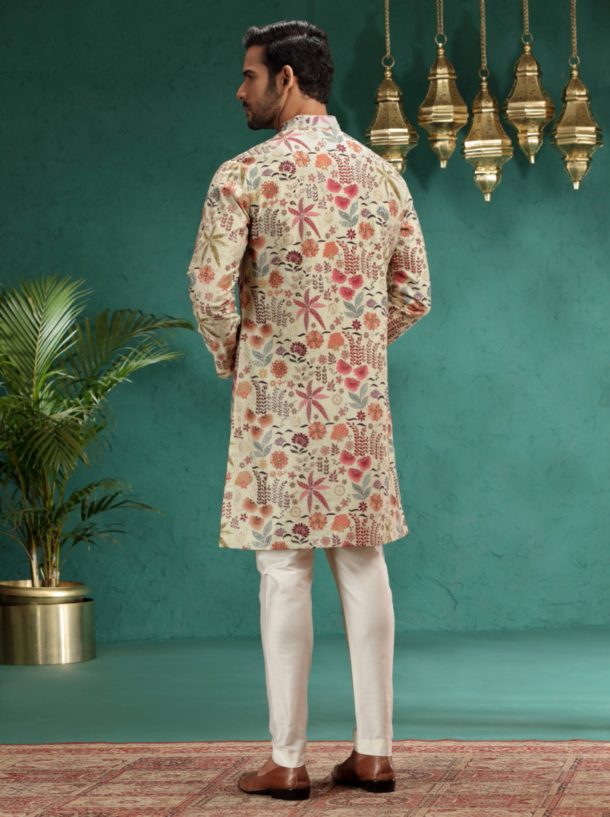 Cream & Brown Printed Kurta Pajama | TULA