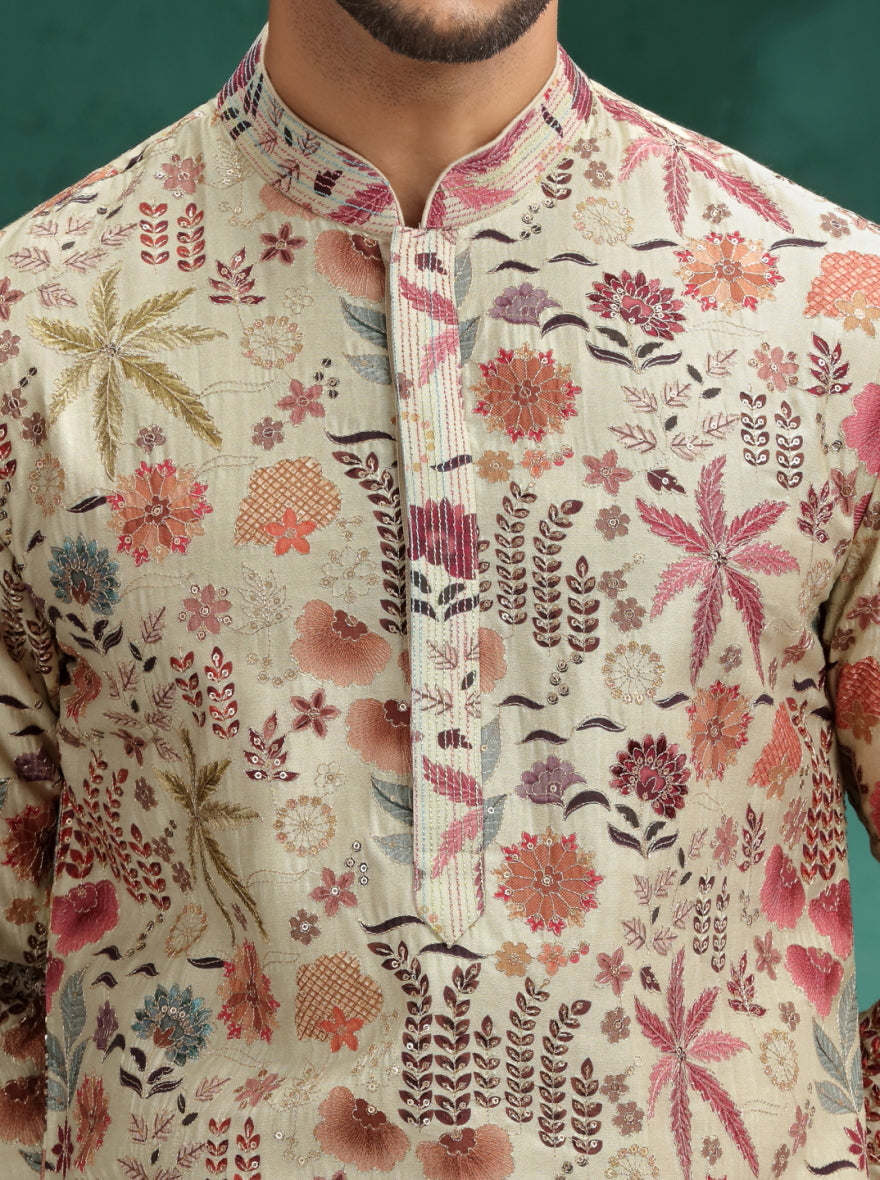 Cream & Brown Printed Kurta Pajama | TULA