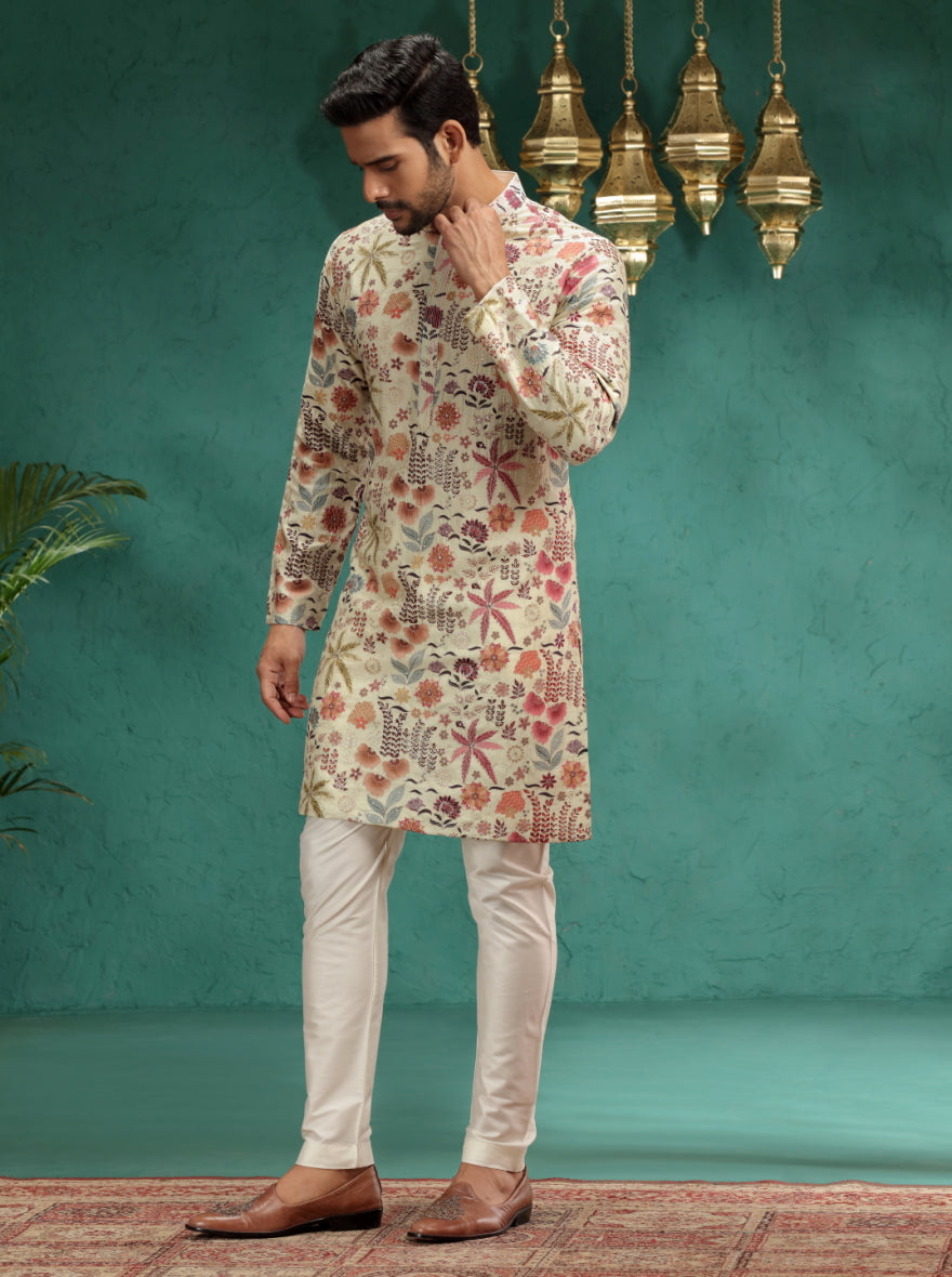 Cream & Brown Printed Kurta Pajama | TULA