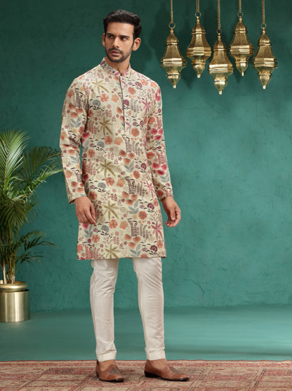 Cream & Brown Printed Kurta Pajama | TULA