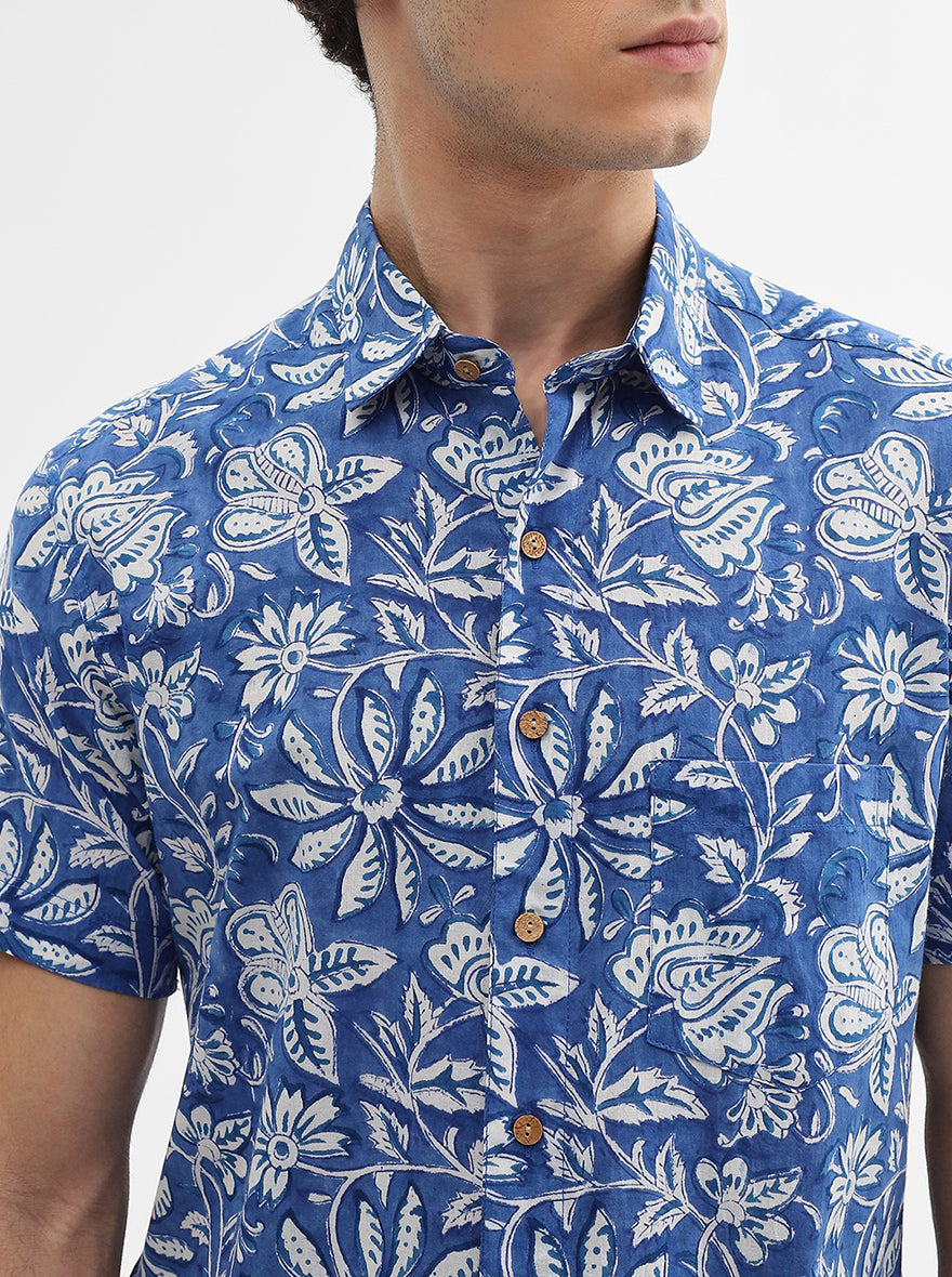Blue Printed Slim Fit Casual Shirt | JadeBlue