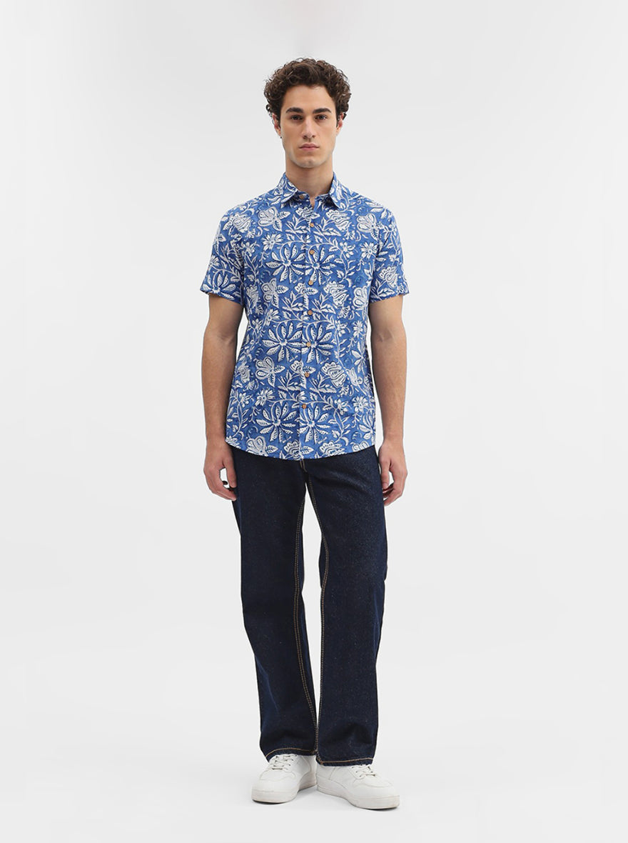 Blue Printed Slim Fit Casual Shirt | JadeBlue